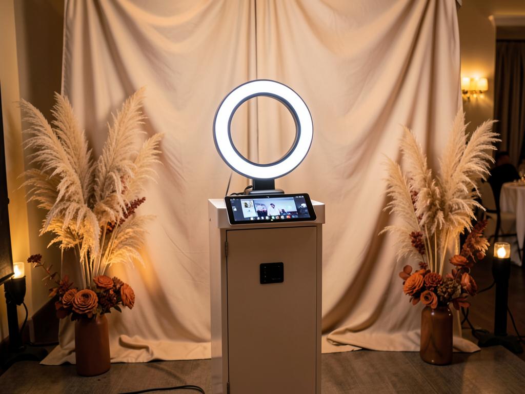 Photobooth numérique avec anneau lumineux et décor floral terracotta