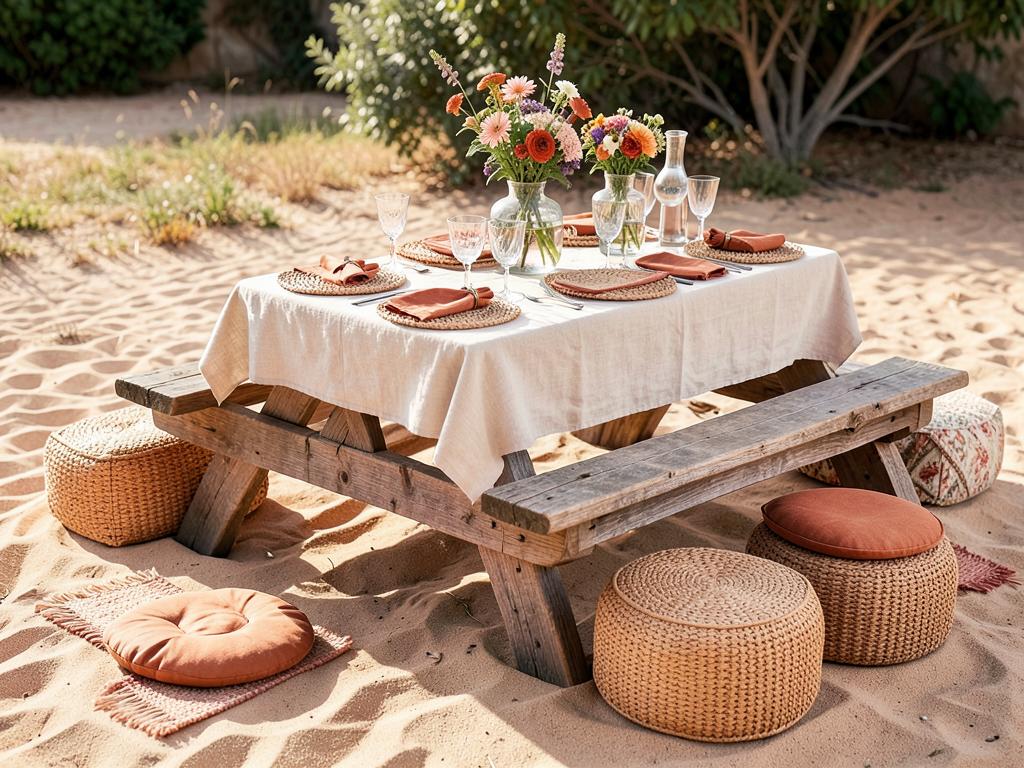 Table de pique-nique en bois dressée avec nappe en lin, napperons en osier et serviettes terracotta